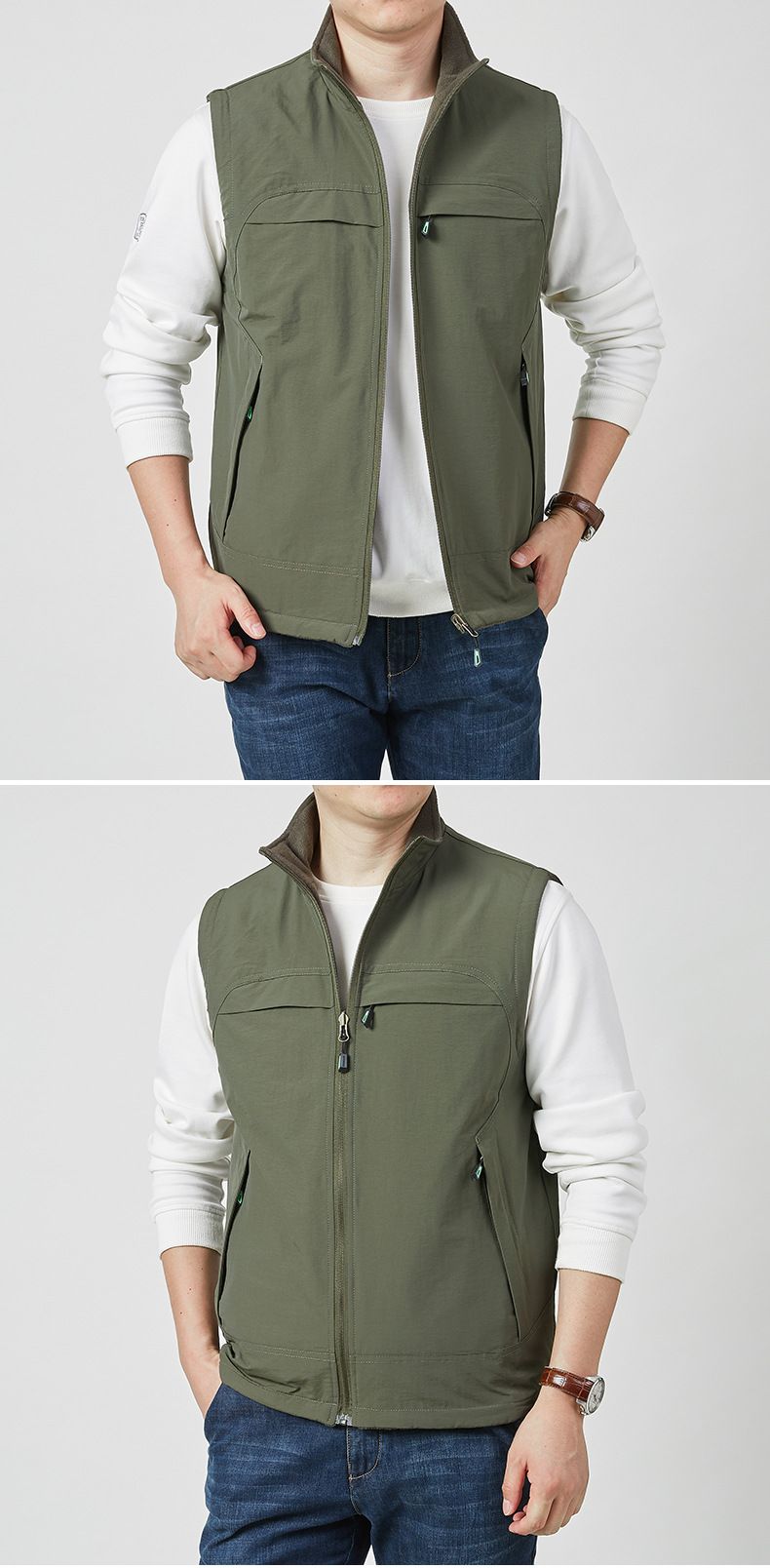 Colete reversível de lã polar para homem – Jaqueta puffer sem mangas quente de inverno com gola alta e vários bolsos (M-5XL)_voghion.com