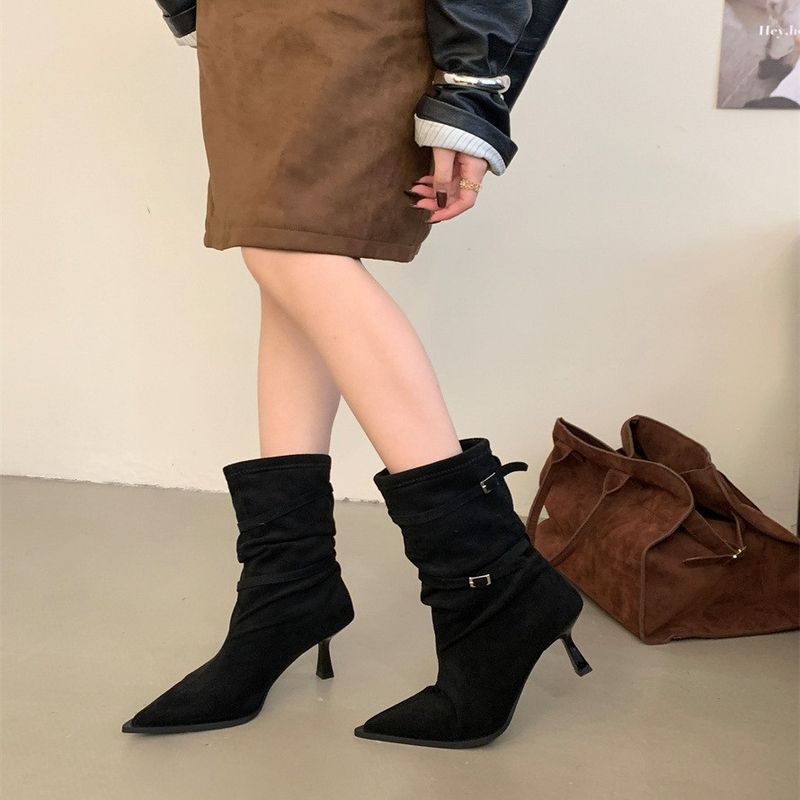 Fashionable 2024 Autumn Winter Thin Strap Pointed Toe Suede Stiletto Over-the-Knee High Heel Long Boots Women's Shoes_voghion.com