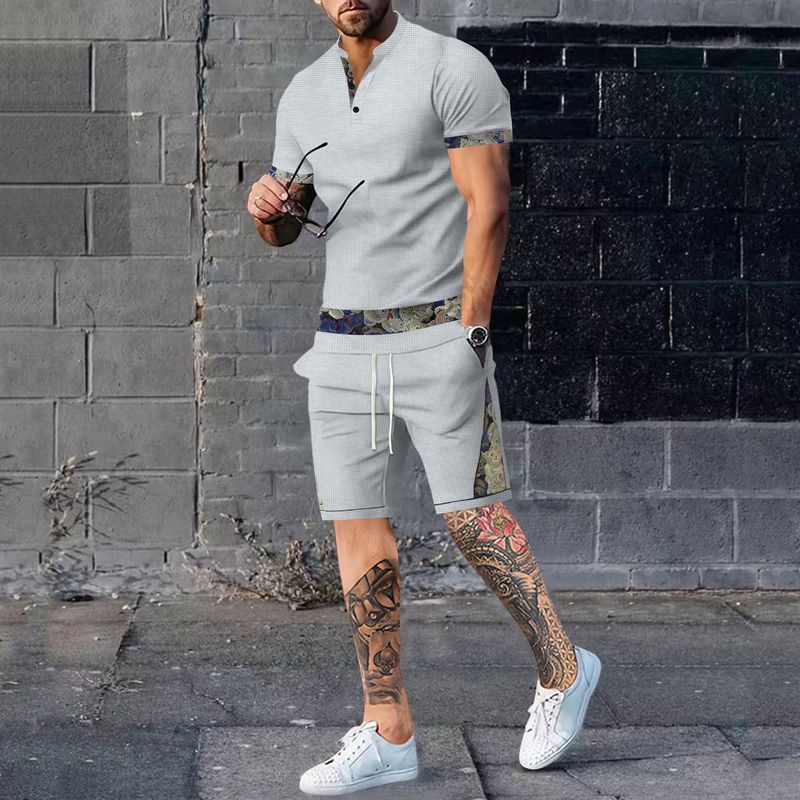 Sommer Waffelkragen Kurzarm Shorts Zweiteiler Set für Sport und Freizeit Herrenanzug_voghion.com