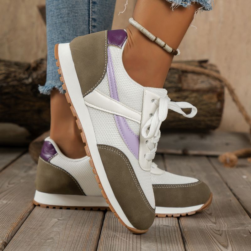 stitching lace-up flat low casual sports shoes large size round toe mesh shoes_voghion.com