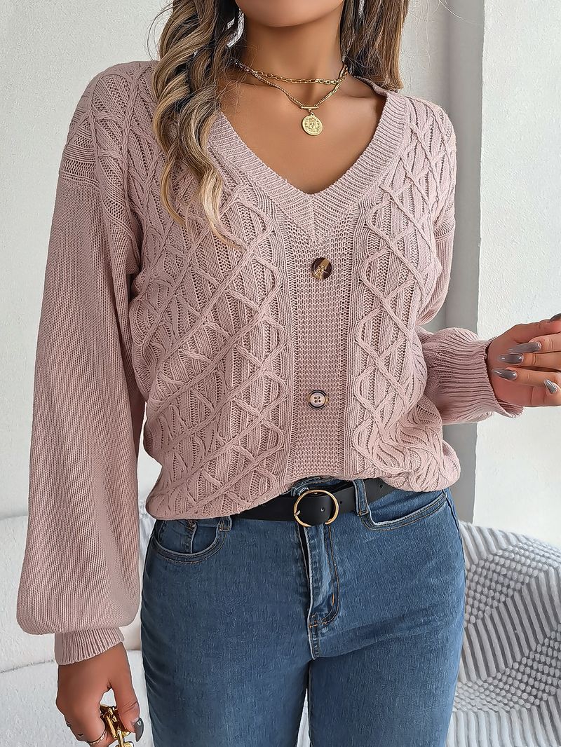 Maglione pullover con maniche a lanterna intrecciate e bottoni casual stile autunno inverno per donna_voghion.com