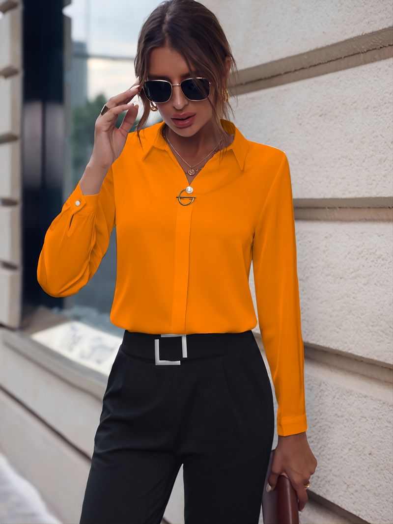 Abbigliamento da donna Camicia da donna Camicia versatile semplice in tinta unita Camicia a maniche lunghe di media lunghezza Camicia di grandi dimensioni_voghion.com