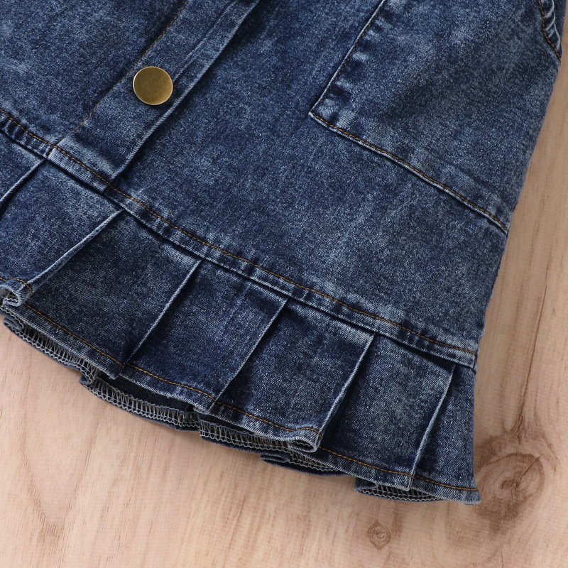 Kinderkleid Mädchen Einfarbig Weste Langarm Top Denim Offene Tasche Faltenrock Anzug_voghion.com