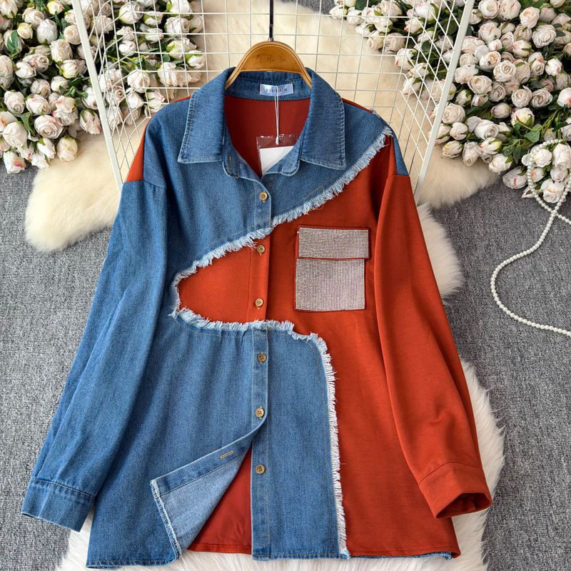 Damenbekleidung Designer-Jeanshemd mit Revers und Patchwork-Muster, langärmeliges Oberteil, Anzug für Frauen, hohe Taille, schmale, farblich passende Hose mit weitem Bein, zweiteiliger Anzug_voghion.com