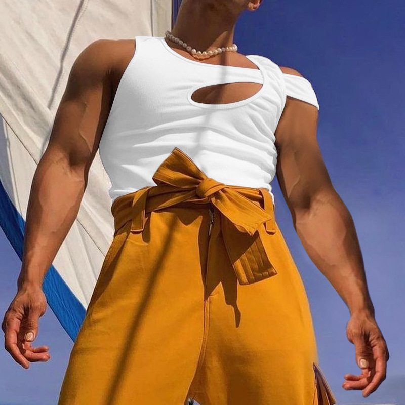 Herenkleding Holle mouwloze basis shirt sexy mannen persoonlijkheid blote schouder hart_voghion.com