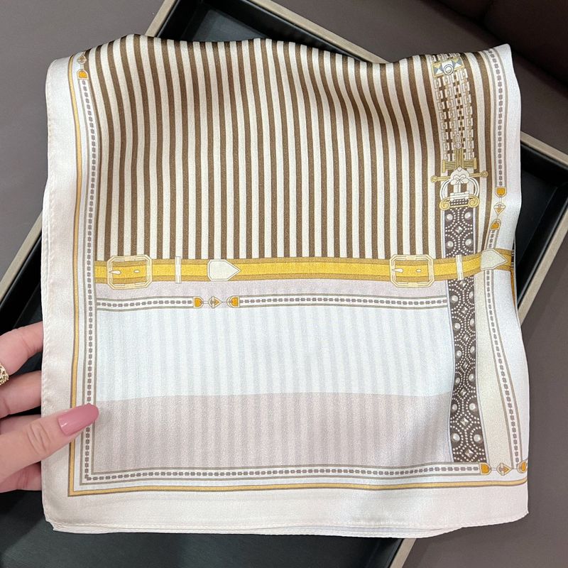 Klassischer gestreifter Lederschnallenschal, kleiner quadratischer Maulbeerseideschal, dünnes Damendesign, 100 % Seidenschal, Dekorationsschal_voghion.com