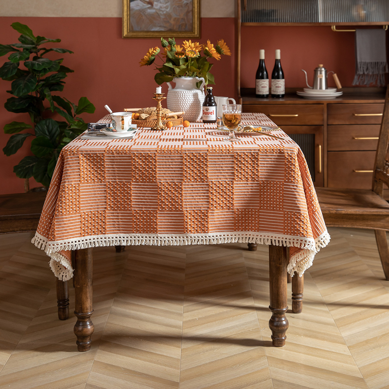 Tovaglia jacquard, tovaglia con nappe in tinta unita, tè pomeridiano per la casa rurale in stile americano, tavolo da pranzo e tavolino da caffè_voghion.com