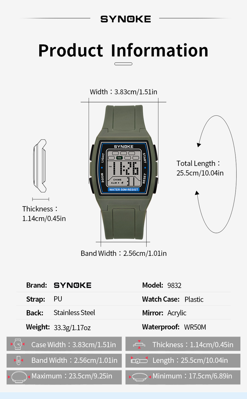 SYNOKE Sport elektronische Uhr Herren multifunktionale quadratische Retro leuchtende wasserdichte Outdoor-Studentenuhr_voghion.com