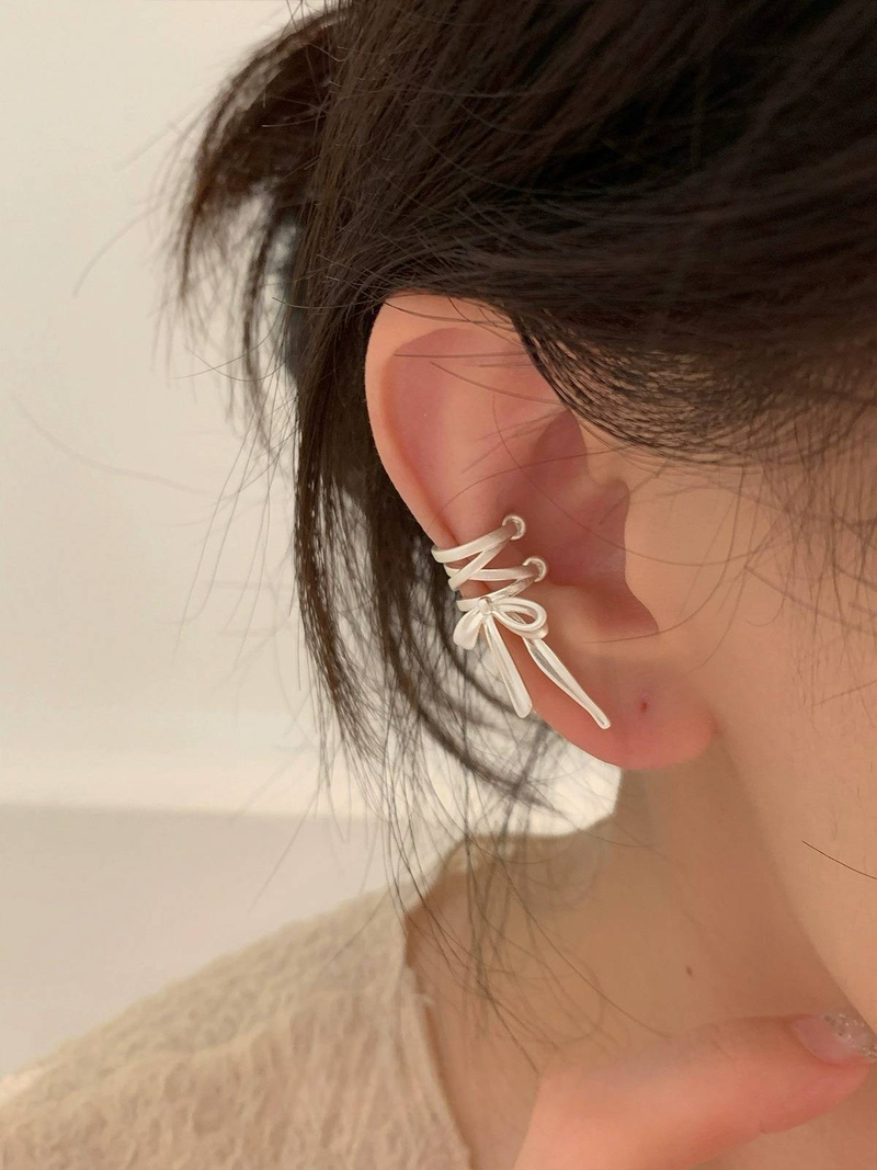 Designer Pure white lint oorbot clip ballet stijl strik, high-end feel oor accessoires, oor clip zonder oor gaten_voghion.com