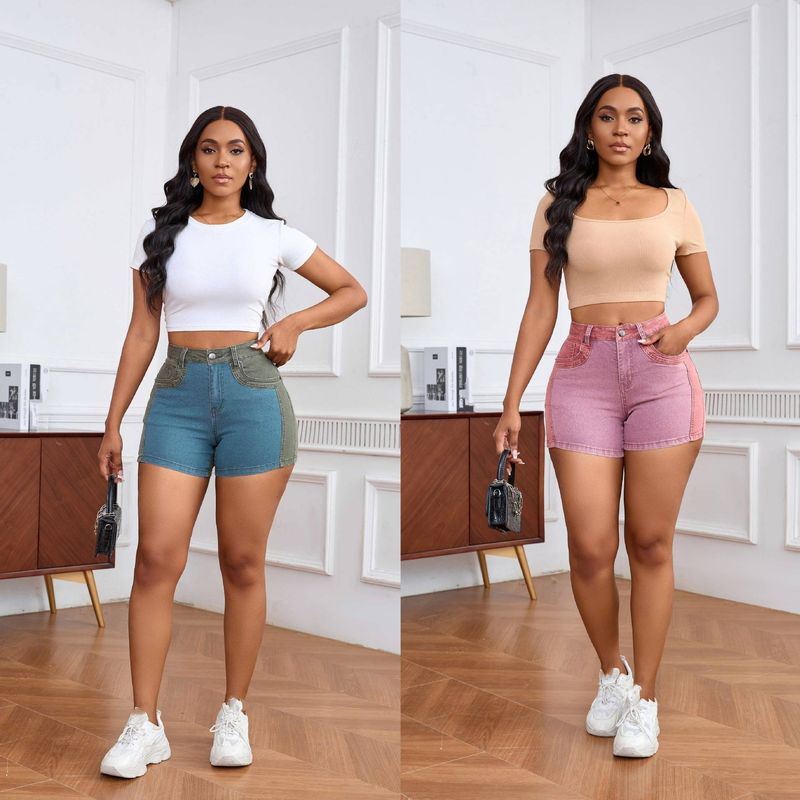 Short en jean élastique à coutures délavées pour femme_voghion.com