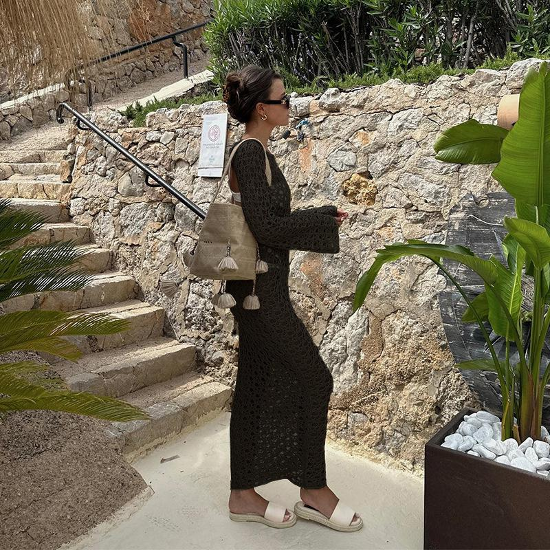 Copricostume da spiaggia sexy da donna in maglia con maniche lunghe, schiena scoperta e lacci - Copricostume da bagno boho chic per le vacanze estive_voghion.com