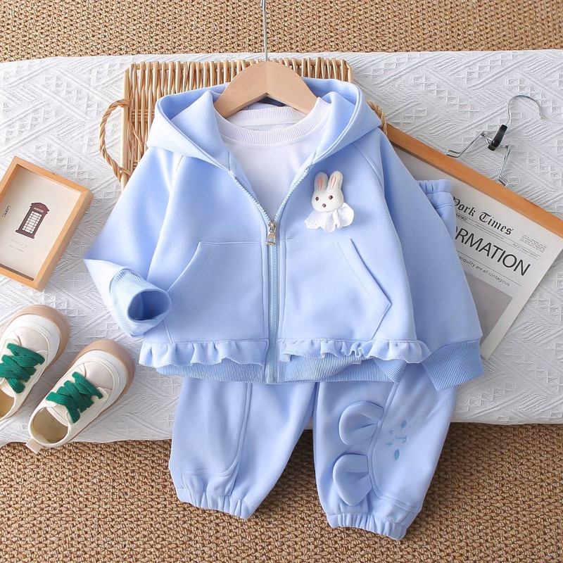 Trendy Kids' Tracksuit Set – Cute Bunny Print Hoodie + Jogger Pants & Tee (80-130cm) – Spring/Fall Unisex Outfit, Soft Cotton Playwear_voghion.com