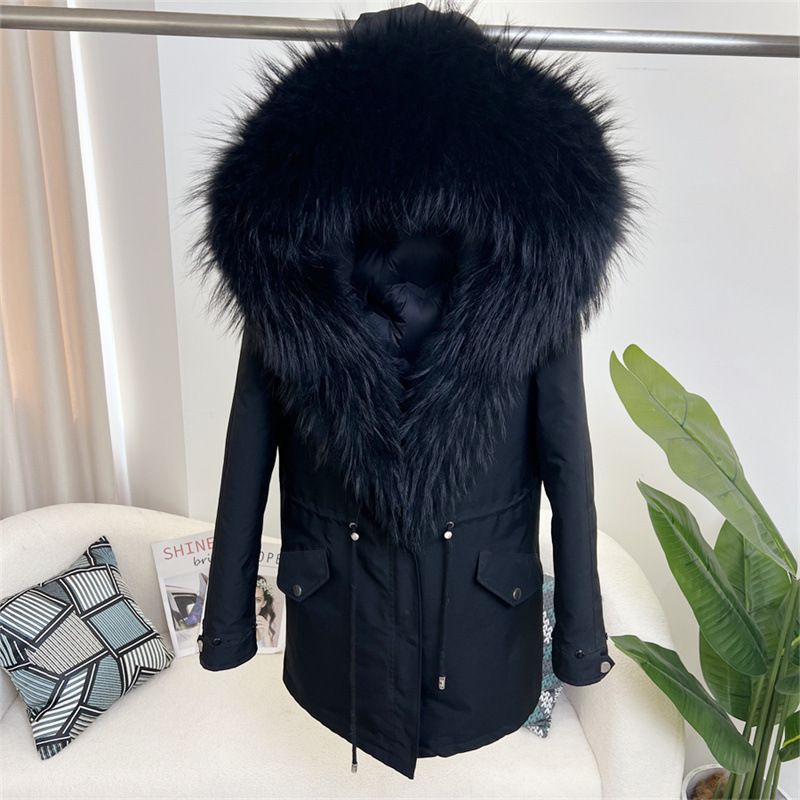 Damenbekleidung Abnehmbarer Parka aus Fuchspelz Mittellanger Kapuzenmantel_voghion.com