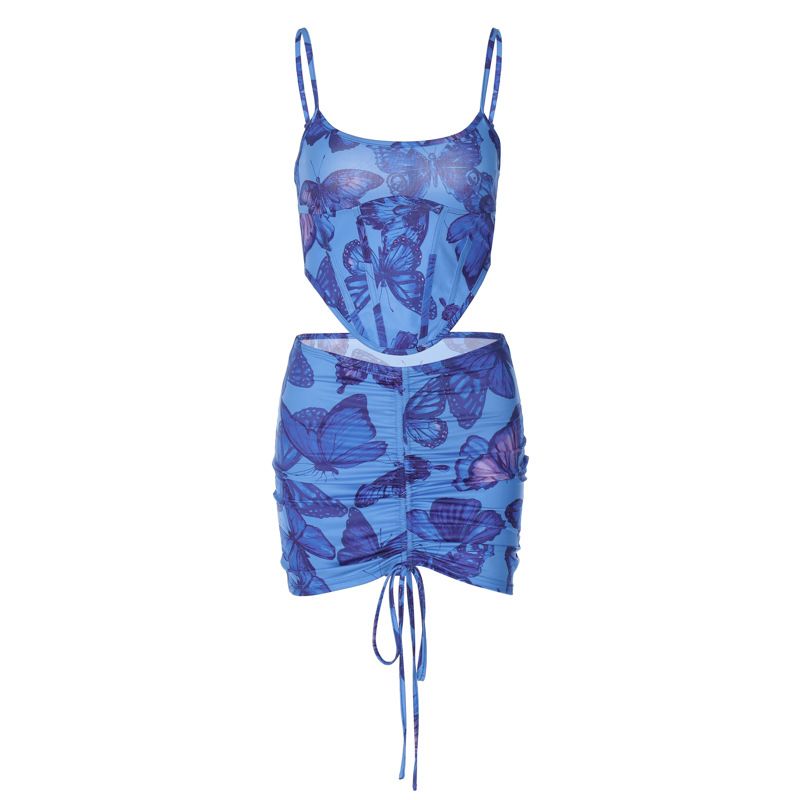 Women's 2023 summer new product sexy backless camisole top slim fit drawstring skirt set wholesale_voghion.com