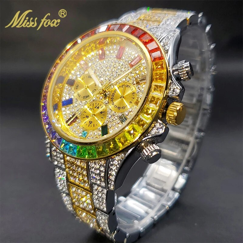 Missfox - Gouden herenhorloge, regenboogdiamanten wijzerplaat, chronograaf met drievoudige wijzerplaat, waterdicht, sportief, elegant_voghion.com