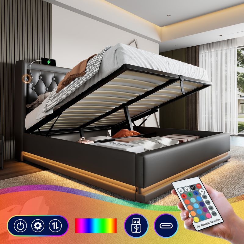 Lit double 160 x 200 cm, matelas en polyuréthane noir, lit coffre hydraulique avec chargement USB Type-C et éclairage LED sur 3 côtés, tête de lit rembourrée (matelas inclus)._voghion.com