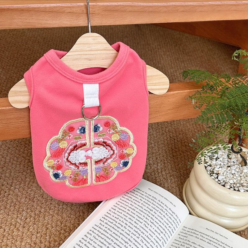 Spring And Summer New Pet National Style Dog Cat Clothes Teddy Than Bear New Chinese Buckle Embroidered Traction Vest_voghion.com