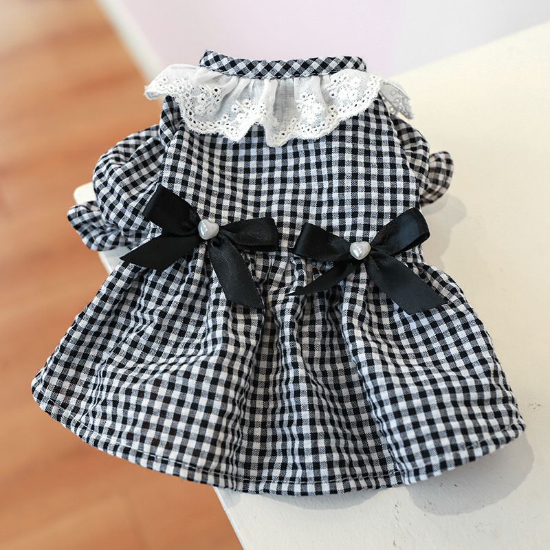 Pet Circle Dog Clothing Cat Clothes Bowknot Lace Collar Edge Black And White Plaid Princess Heart Pearl Dress_voghion.com