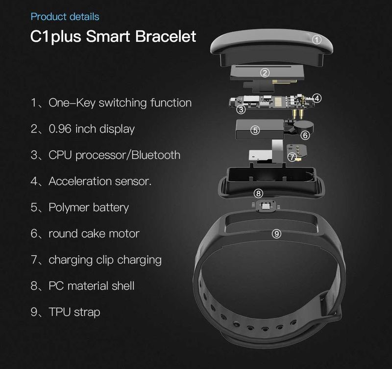 Bracelet intelligent à écran couleur C1plus, compteur Bluetooth, mesure de la fréquence cardiaque et de la pression artérielle, bracelet de sport multifonctionnel_voghion.com
