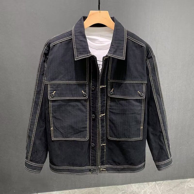 American Simple Car Line Denim Jacket Men's 2025 Autumn Pocket Decoration Lapel Men's Jacket_voghion.com