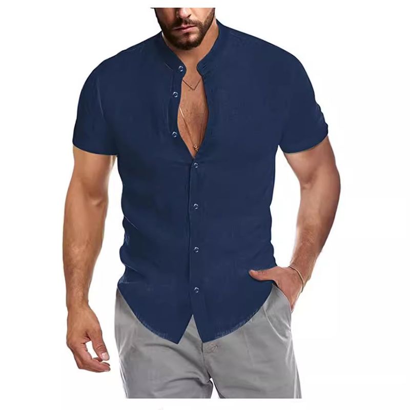 Unbeatable Quality 2024 Summer V-neck Linen New Cardigan Stand Up Neck Short Sleeve Men's Shirt_voghion.com