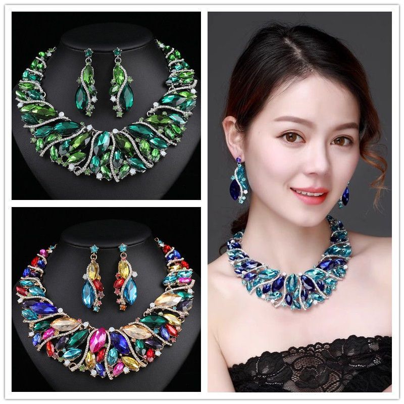High Beauty Exaggerated Crystal Glass Short Collar Necklace Earring Set Women's Dress Evening Bridal Accessories_voghion.com