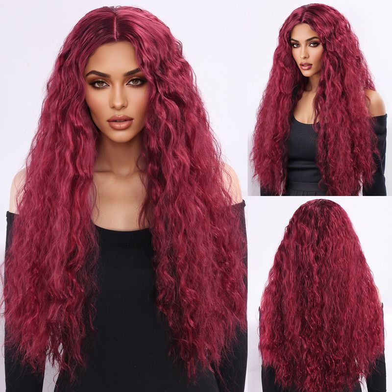 Parrucca con extension per capelli, nuova parrucca per donna, capelli neri ricci alla moda, ondulati, ricci di mais, riga centrale, frangia, copricapo completo._voghion.com