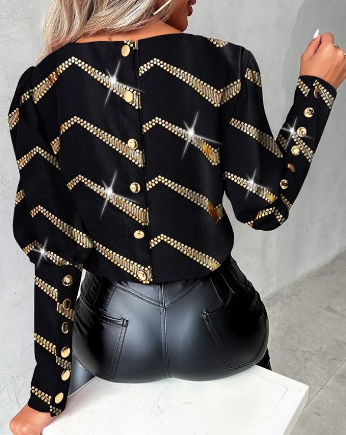 Camicia decorativa da donna con bottoni larghi a maniche lunghe, girocollo stampato, autunno nuovo, da donna_voghion.com