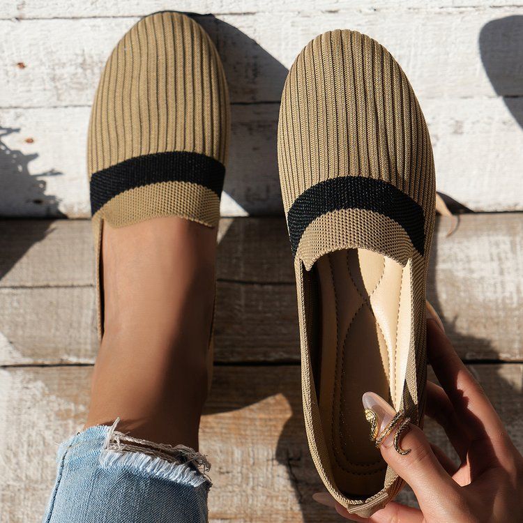 Knitted breathable flat sole single for women's new light cut color block round toe lazy four season bean shoes_voghion.com