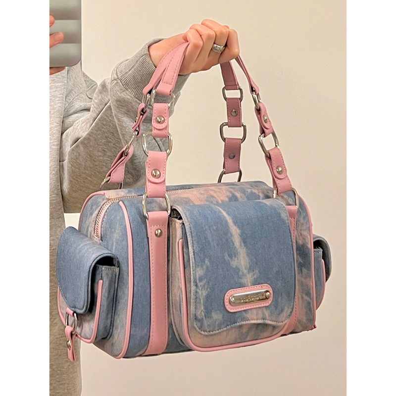 Borsa in denim tinto in cravatta americana Spicy Girl dal design esclusivo della signora Bao con tasche multiple e Boston di grande capacità_voghion.com