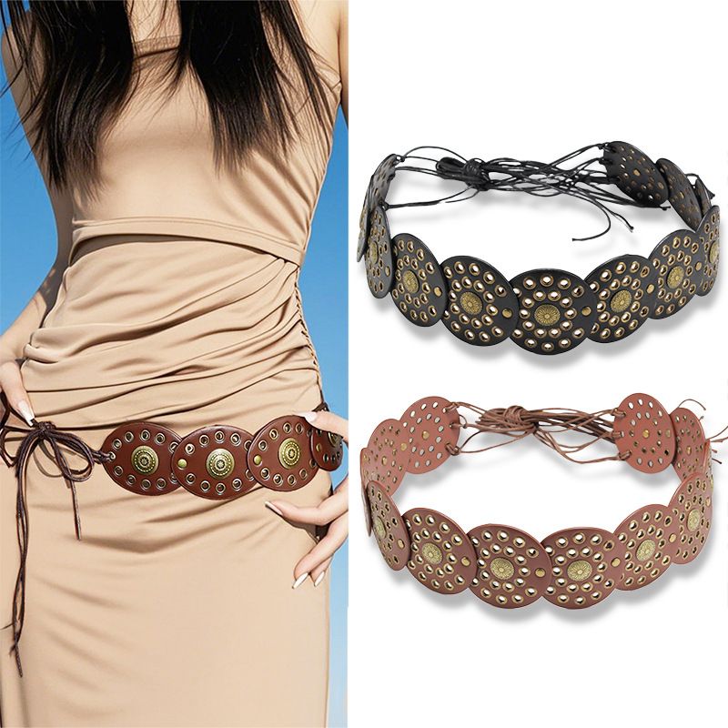 Studded Round Disc Rope Tie Knot Ethnic Style Women Bohemian Waist Ring Elastic Belt For Ladies_voghion.com
