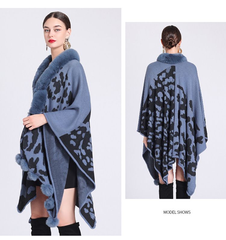 Mantella con collo di pelliccia, mantello con palla di pelliccia, mantello jacquard in maglia larga, cappotto di grandi dimensioni_voghion.com