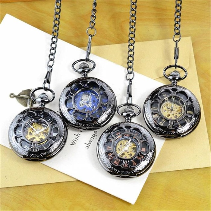 Vintage transparant zakhorloge met holle achterkant clamshell student Heren en dames Mechanisch uurwerk Geromaniseerd handmatig mechanisch herenzakhorloge_voghion.com