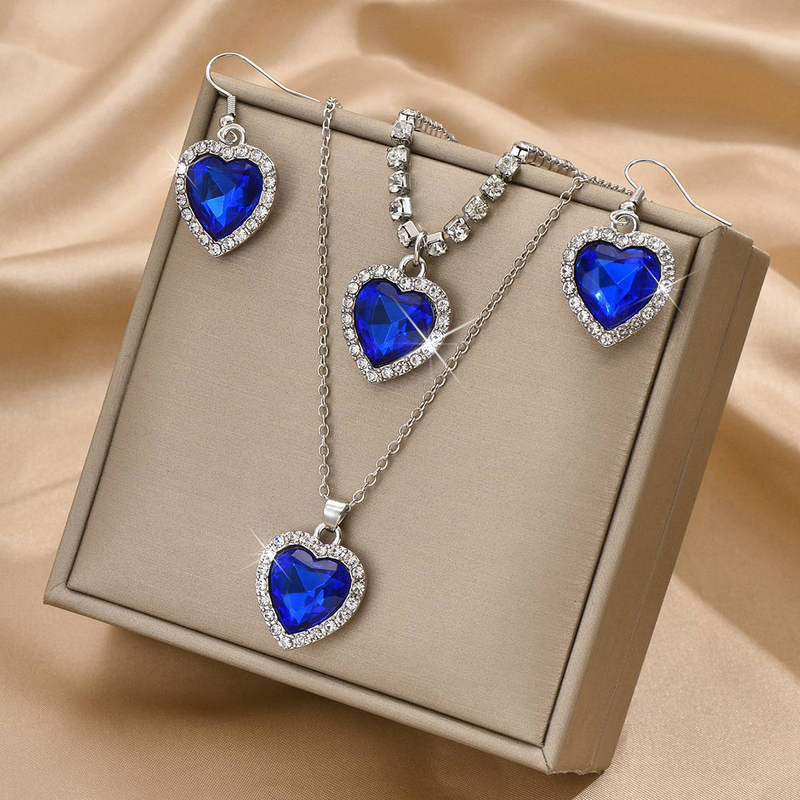 Mode und Luxus voller Strass Kristall Schmuck Set Ozean Herz 3 Stück Halskette Ohrringe Armband_voghion.com