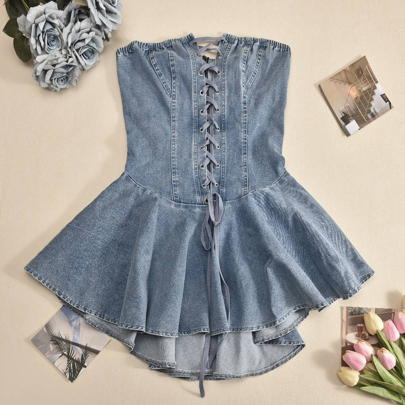 Abito da donna in denim elasticizzato con cerniera, top a tubino con lacci, spalline trasparenti sexy, gonna corta con volant_voghion.com