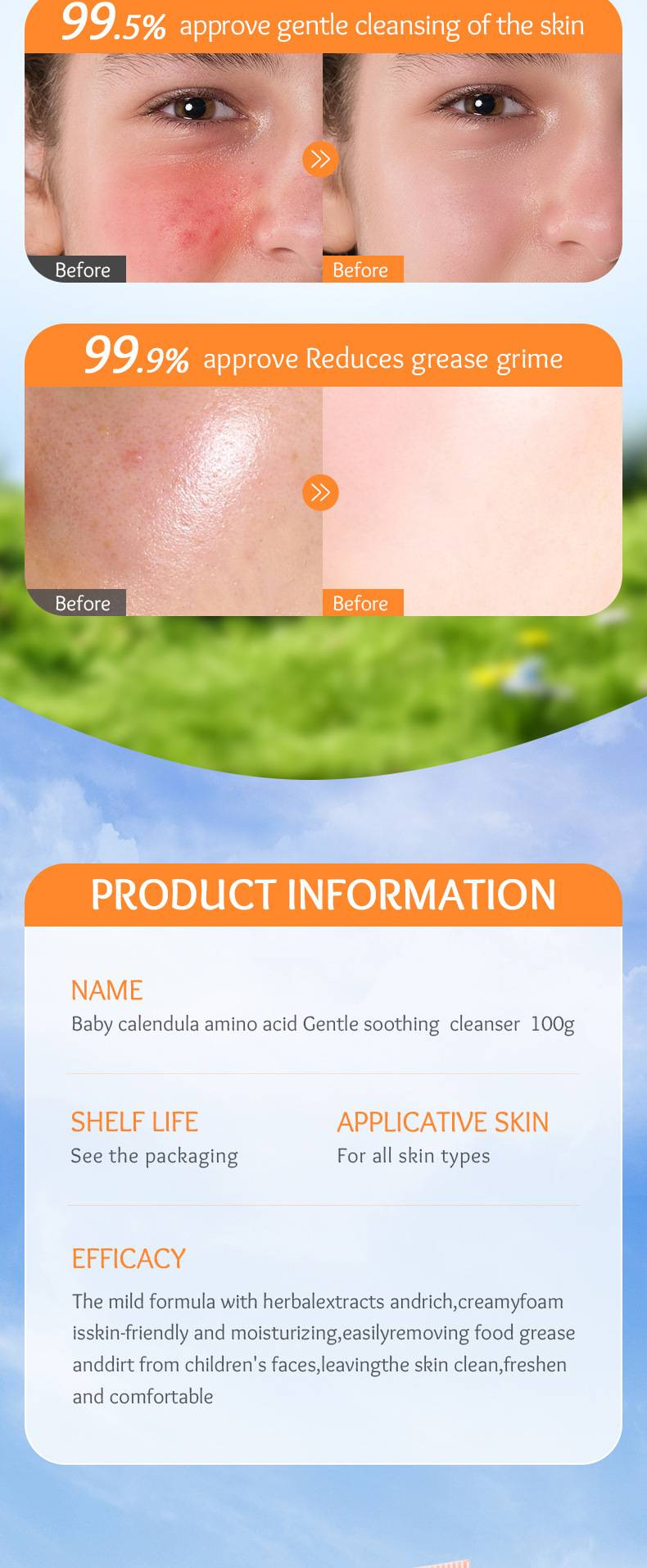 SADOER Kinder Calendula Aminosäure Sanftes, beruhigendes Reinigungsmittel Sichere und beruhigende Hautpflege für Kinder_voghion.com