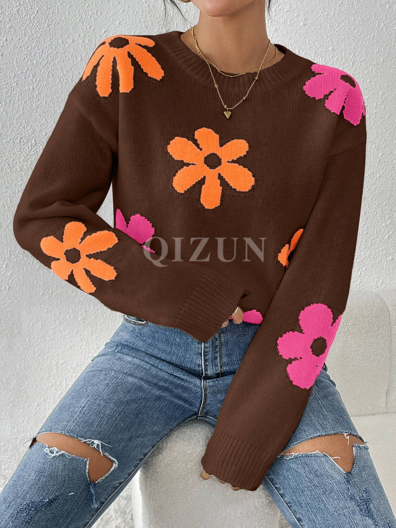 Damenbekleidung Colorblock Intarsia Strickpullover - Locker sitzender Langarm-Pullover mit Rundhalsausschnitt für Herbst und Winter_voghion.com