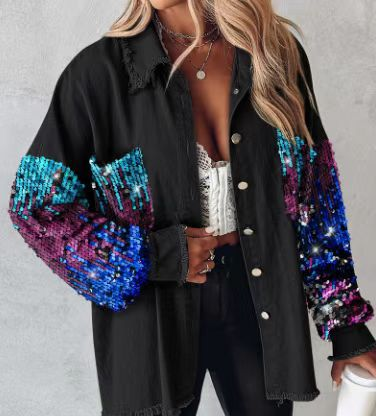 Damenbekleidung Damen Loose Fit Strass-Fransen-Jeanshemd – Langärmlige Freizeitbluse mit Glitzerdetails (Schwarz/Weiß/Pink/Grau, S-XL)_voghion.com