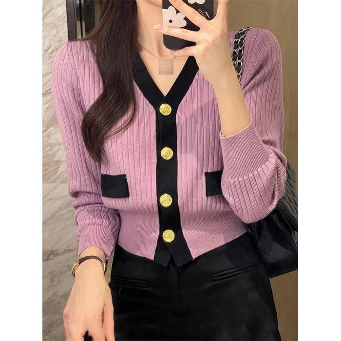 Cardigan à manches longues et col en V pour femme, style français, doux, couleur unie, décontracté, tendance printemps_voghion.com