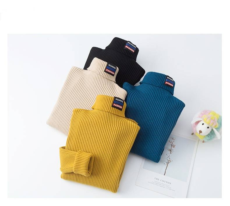Maglione in maglia foderato in pile per bambini, pullover invernale a collo alto per bambini, top caldi e morbidi per bambini, tinta unita e stampa con lettere_voghion.com