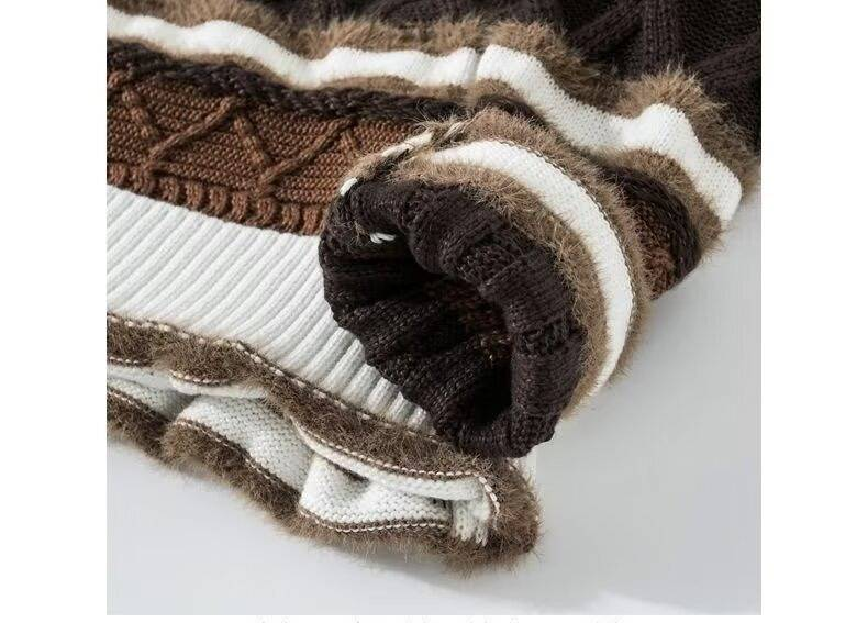 Men's Casual Stripe Knit Sweater - Oversized Crewneck Pullover, Soft & Breathable, Black & Brown_voghion.com