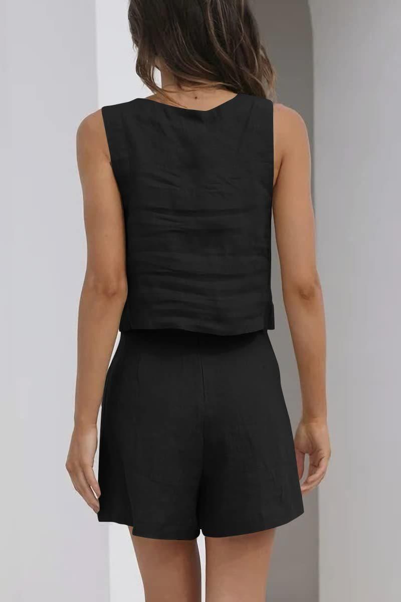 Abito casual da donna in 2 pezzi, pantaloncini di lino, gilet senza maniche_voghion.com