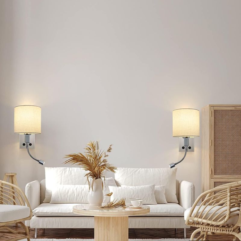 Glitzerlife LED Wandlampe Mit Schalter Wandleuchte Innen - Leselampe Schlafzimmer Stoffschirm Schwenkbar Bettleuchte Mit Flexleuchte Stoff Nachttischlampe_voghion.com