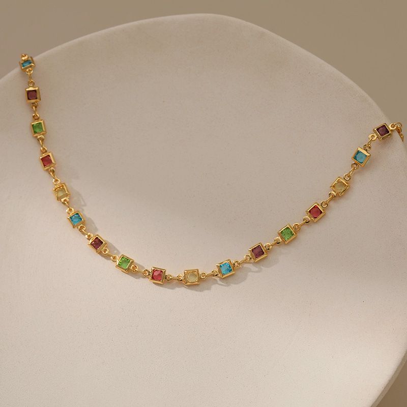 Yiwu Jewelry Square Colored Zircon Creative Niche Design Versatile Handmade Bead Genuine Gold Necklace_voghion.com