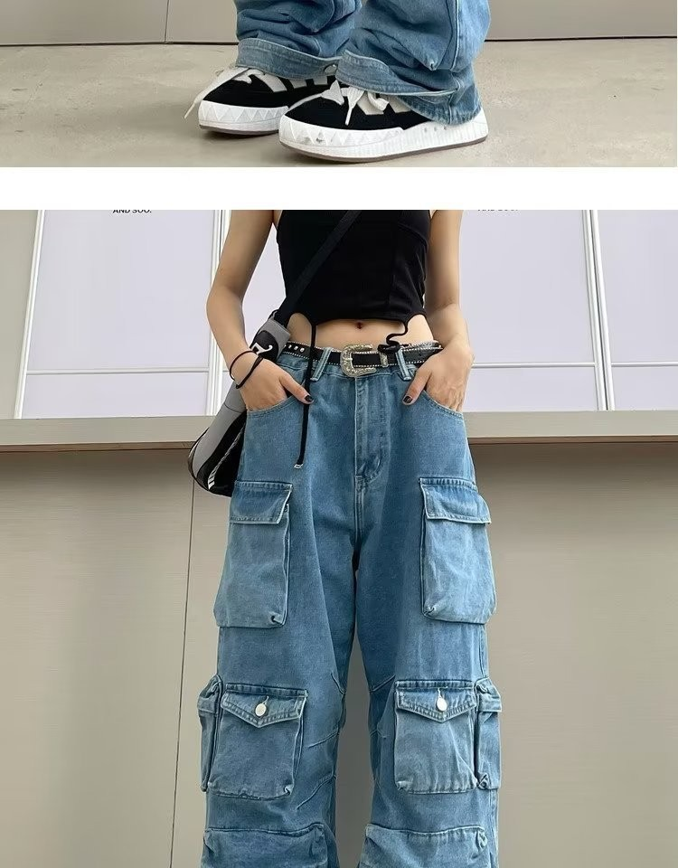 Women'S Street trendy new style fashionable smoky gray spliced multi-pocket overalls street washed and distressed long wide-leg pants_voghion.com