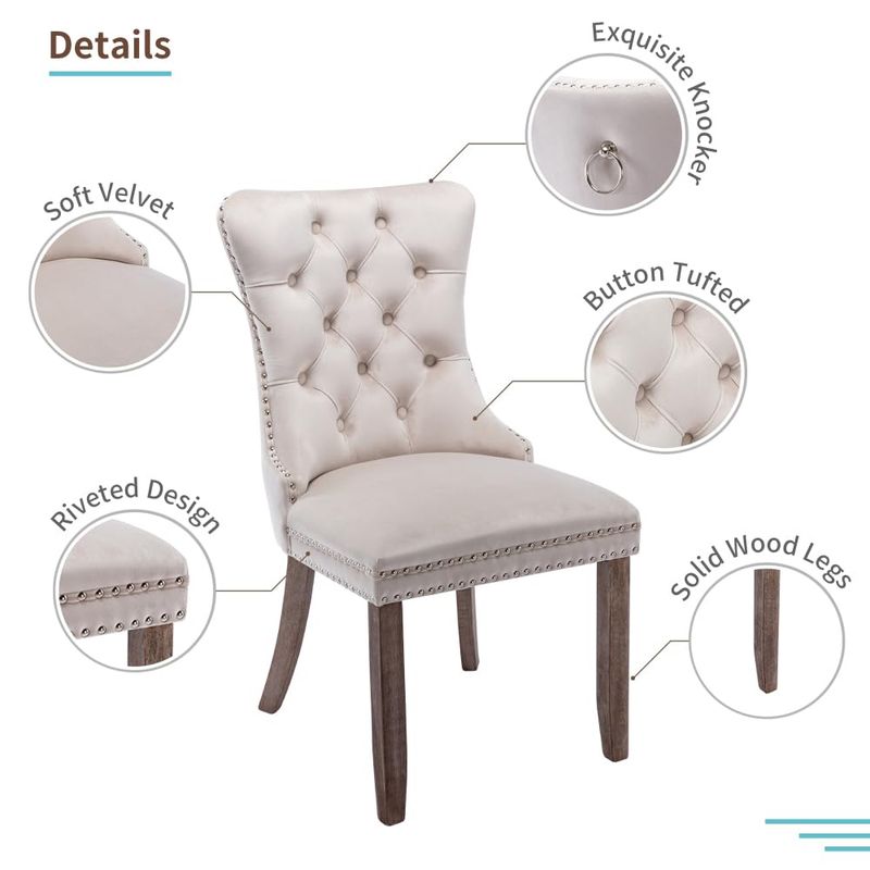 CREASION Set Of 2 Velvet Dining Chairs, Button Tufted With Wood Legs, Rivet Trim & Knocker Ring For Dining & Living Room_voghion.com