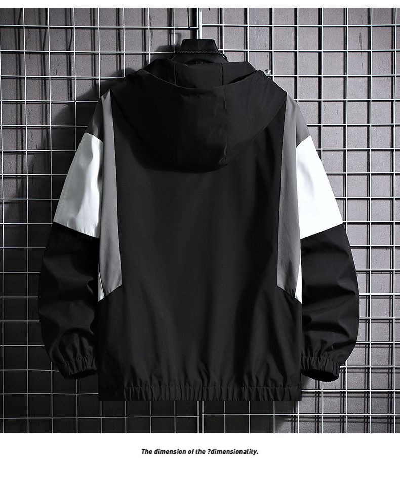 Giacca a vento unisex con cappuccio color-block – Giacca oversize alla moda per uomo e donna, cappotto casual leggero con cerniera (beige/blu navy/nero, S-3XL))_voghion.com