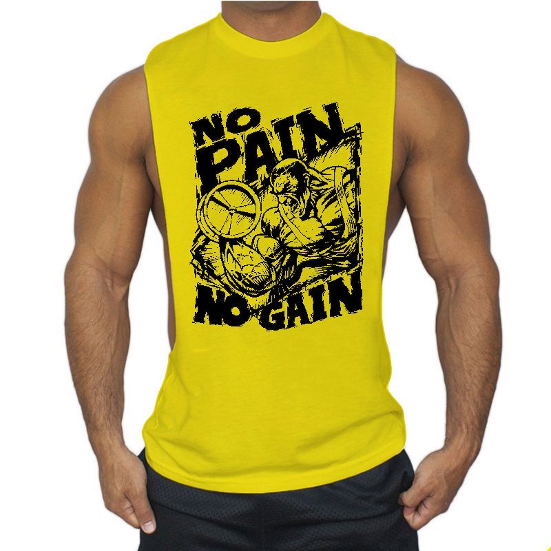 Canotta sportiva da uomo in cotone, vestibilità ampia, con spacchi laterali, per bodybuilding, PAIN NO GAIN_voghion.com