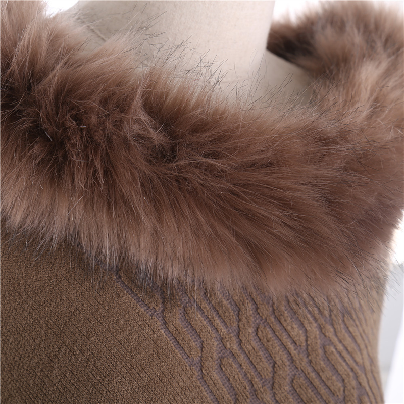 Pulover în stil la modă de toamnă și iarnă, culoare solidă, guler de blană, tiv mare, eșarfă șal din cașmir cu ciucuri_voghion.com