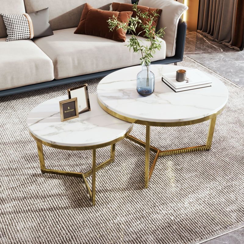 Modern Round Nesting Coffee Table Set 2-Piece White & Marbling Top Gold Base_voghion.com